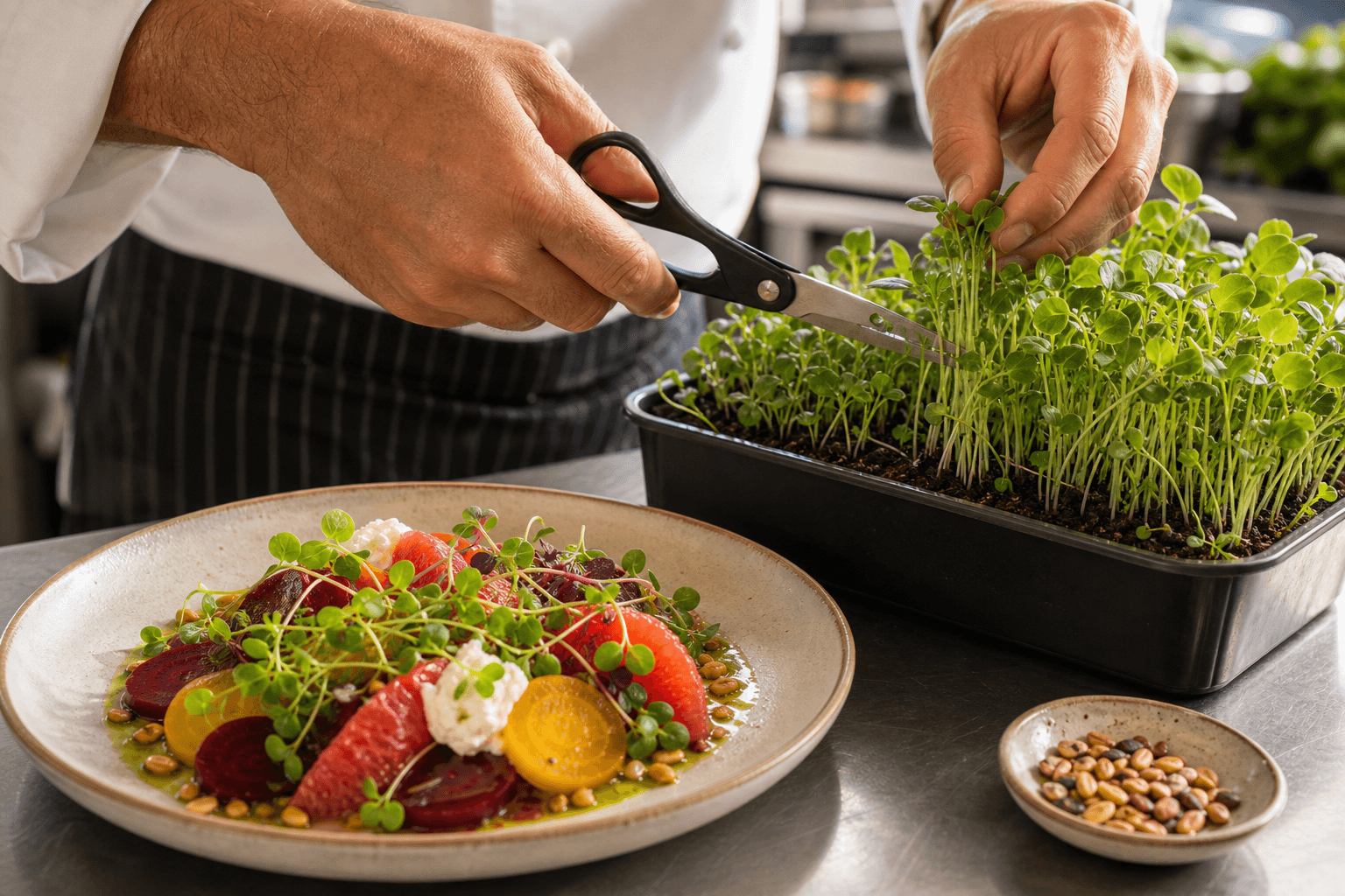 Chef a cortar microgreens frescos de um tabuleiro vivo