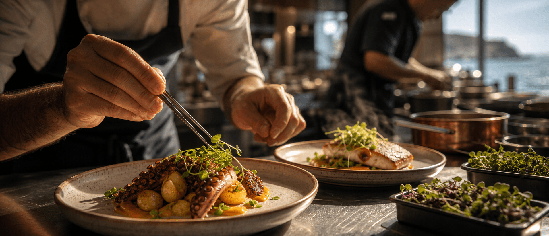Chef a finalizar um prato com microgreens vivos