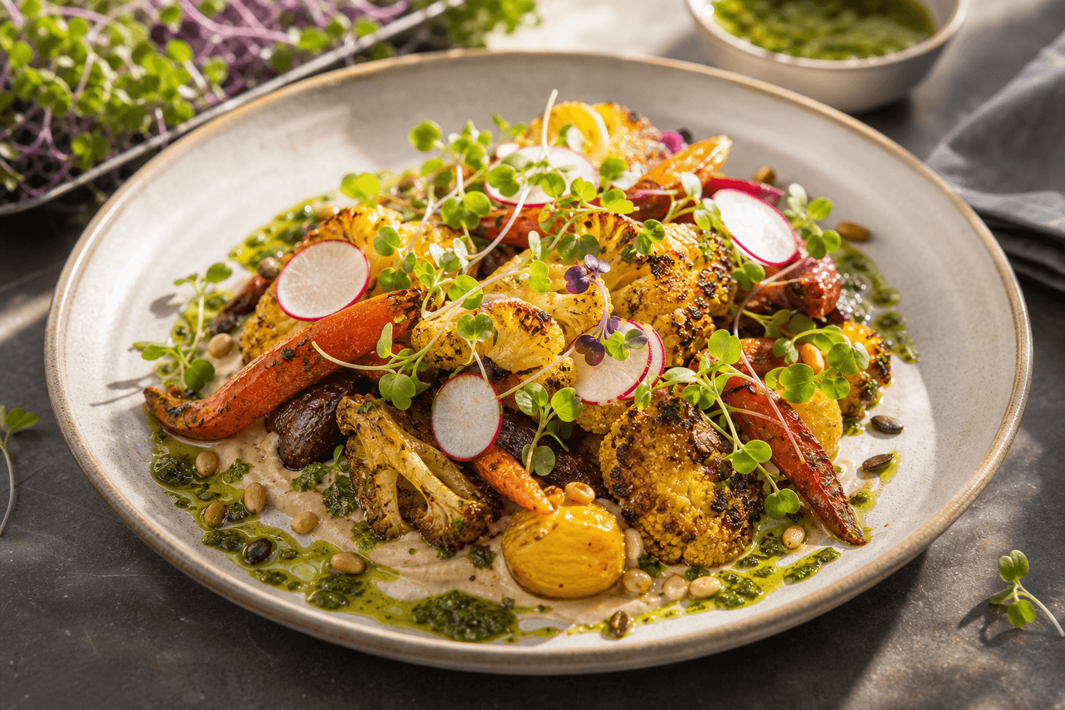 Legumes assados finalizados com microgreens