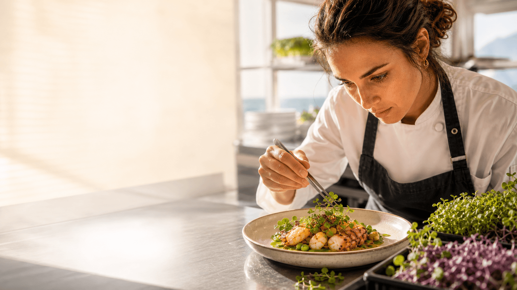 Chef a finalizar um prato com microgreens frescos