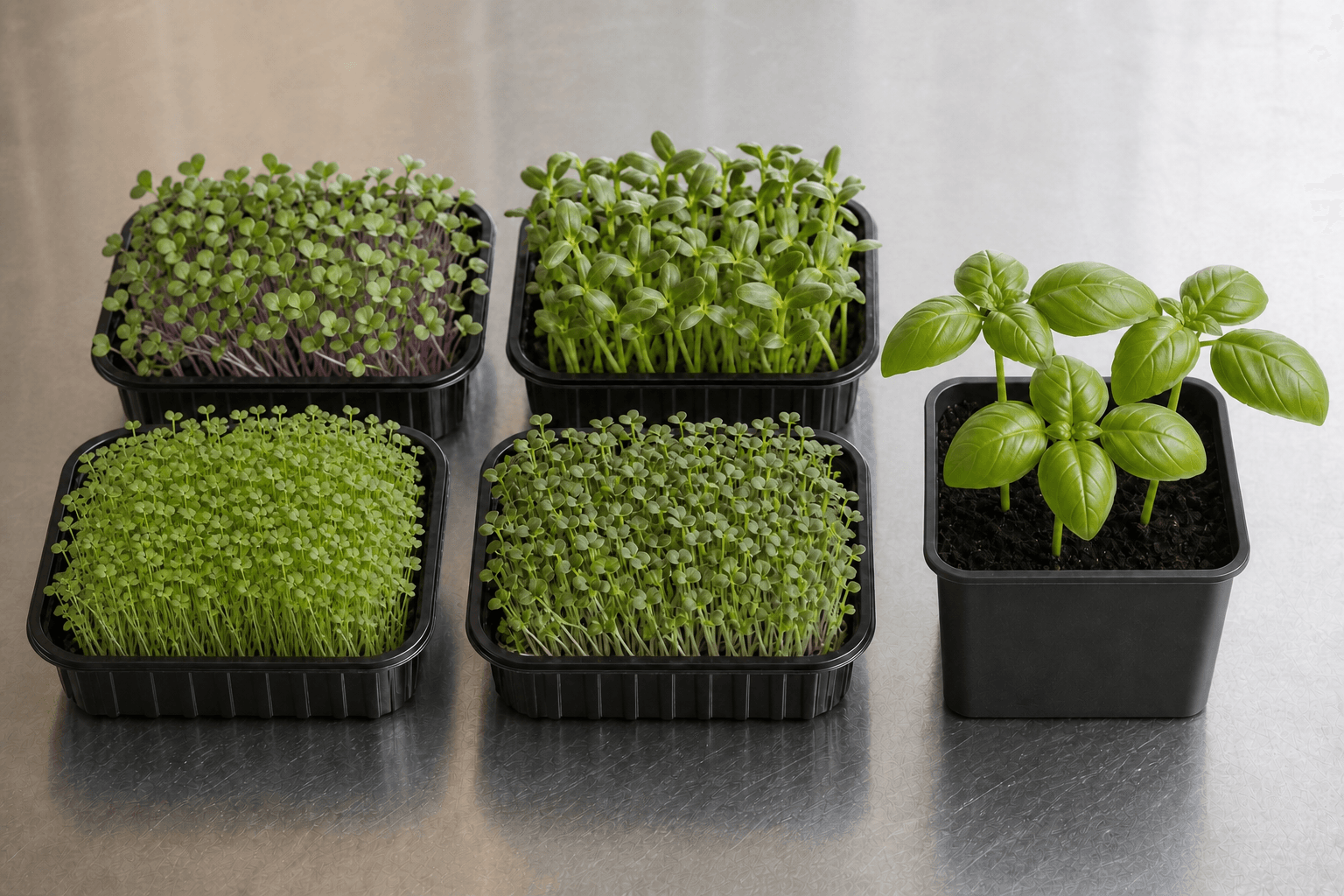 Tabuleiros vivos de microgreens com manjericão Genovês em vaso 8x8 cm