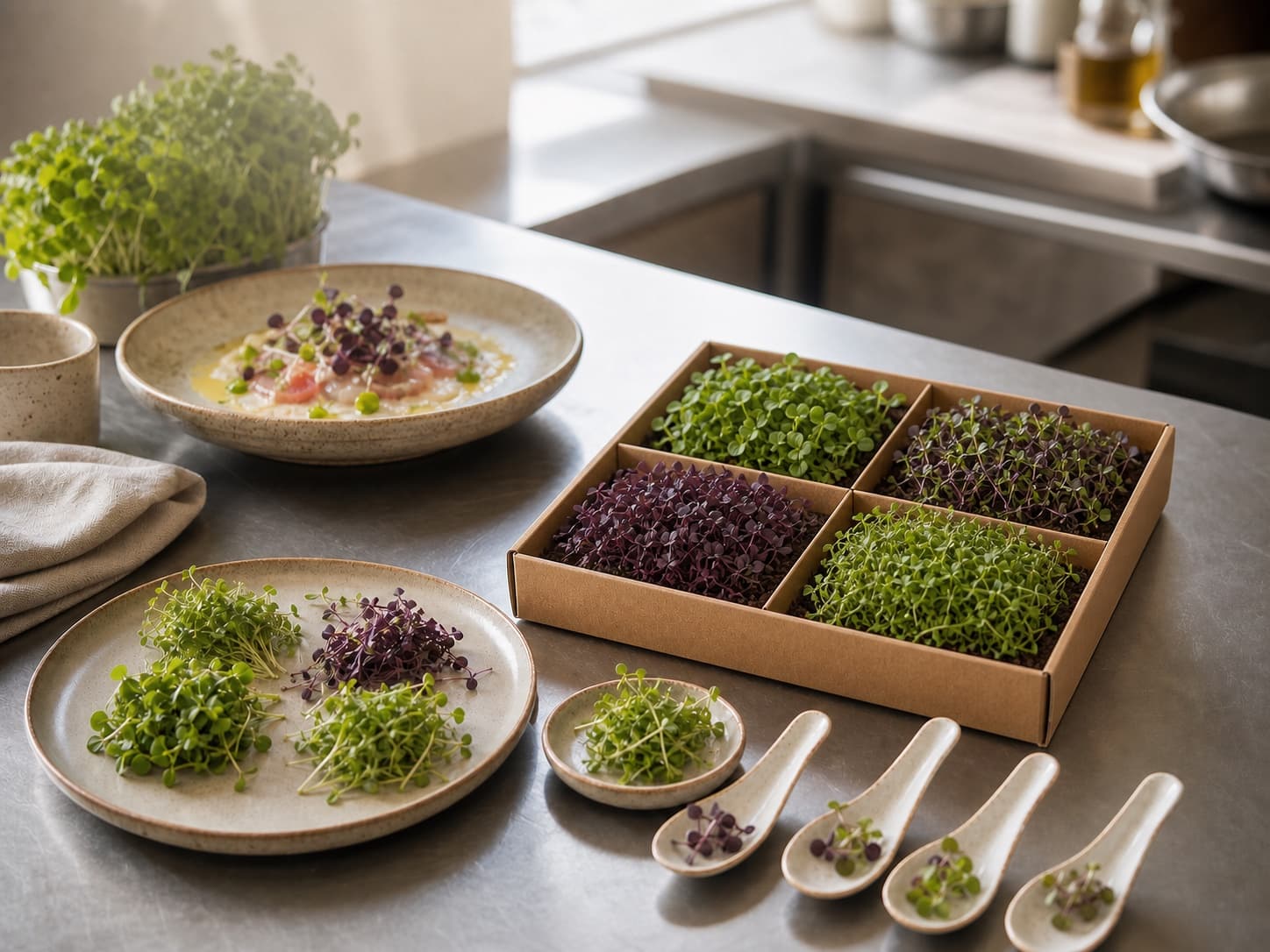 Caixa de degustação de microgreens com pratos de prova